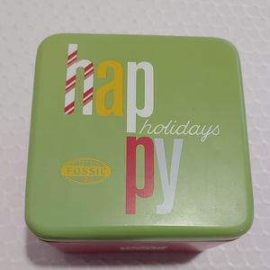 Fossil  Tin Red Green Happy  Holidays Christmas